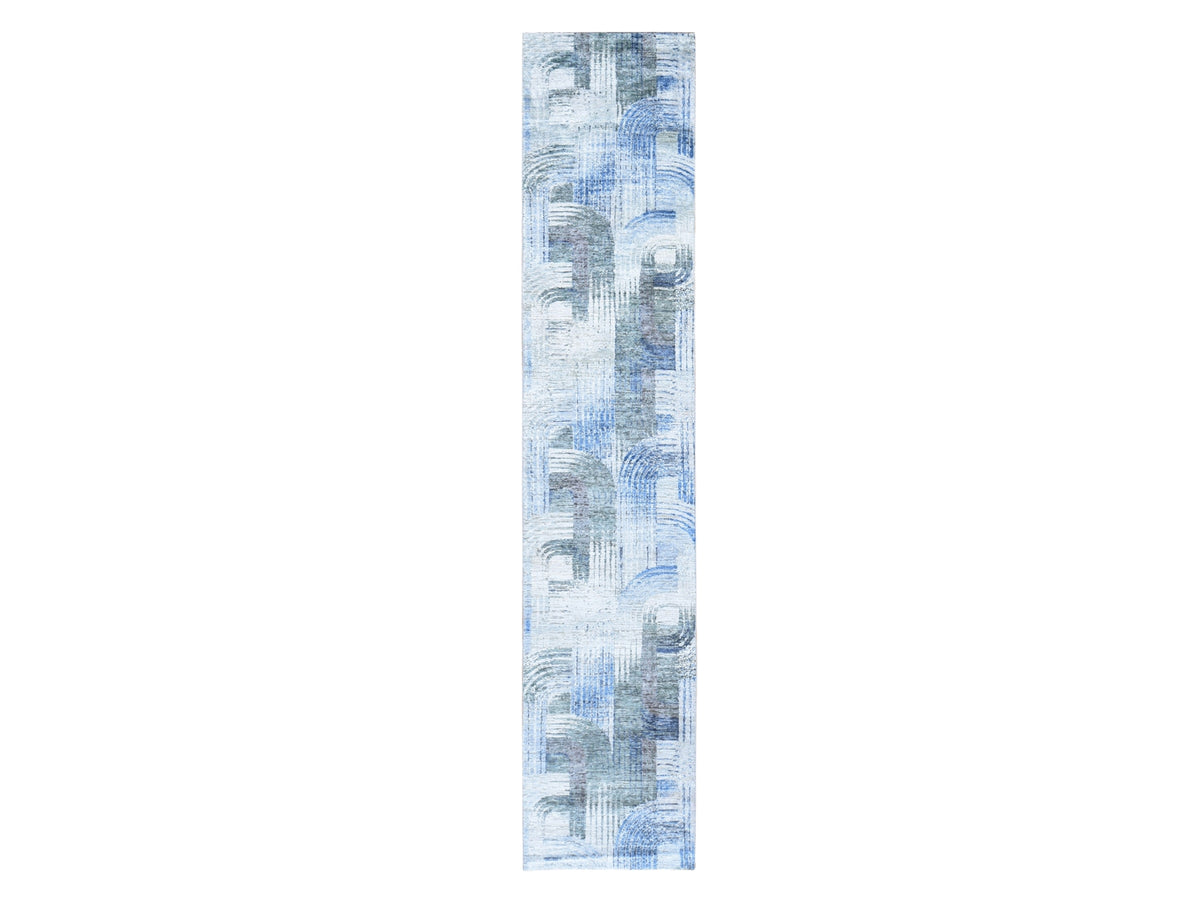 Modern / Contemporary hand-knotted wool/silk runner in Blue, 2'6" x 12'3" — SKU O059503