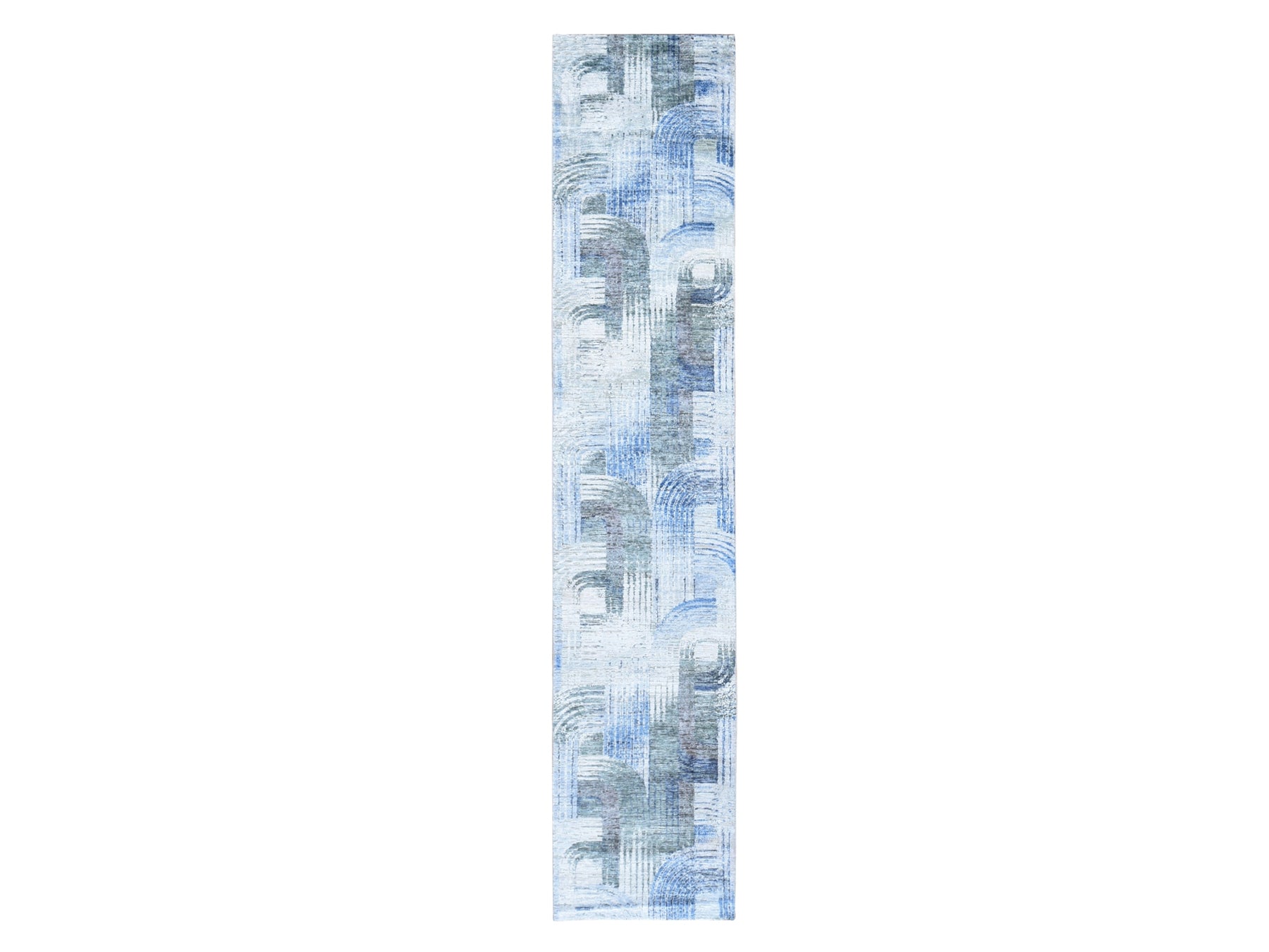 Modern / Contemporary hand-knotted wool/silk runner in Blue, 2'6" x 12'3" — SKU O059503