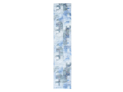 Modern / Contemporary hand-knotted wool/silk runner in Blue, 2'6" x 12'3" — SKU O059503