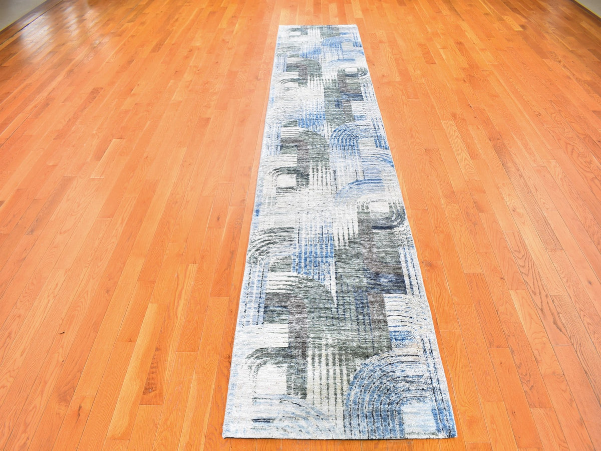 Modern / Contemporary hand-knotted wool/silk runner in Blue, 2'6" x 12'3" — SKU O059503 (view 2)