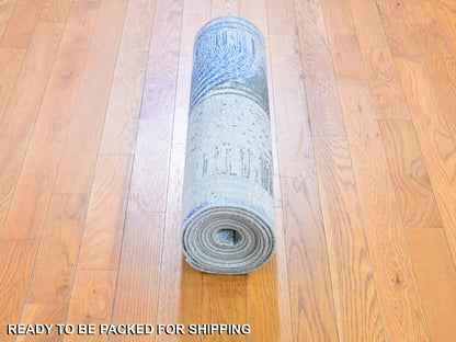 Blue 2'6" x 12'3" Modern and Contemporary Hand knotted Wool/Silk Rug - Sku: O059503