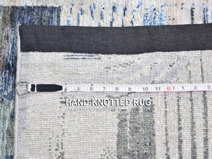 Modern / Contemporary hand-knotted wool/silk runner in Blue, 2'6" x 12'3" — SKU O059503 (view 7)