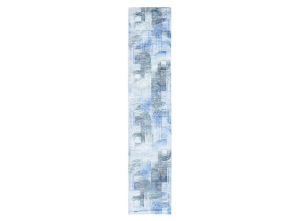 Blue 2'7" x 12'0" Modern and Contemporary Hand knotted Wool/Silk Rug - Sku: O059504