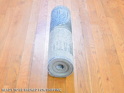 Blue 2'7" x 12'0" Modern and Contemporary Hand knotted Wool/Silk Rug - Sku: O059504