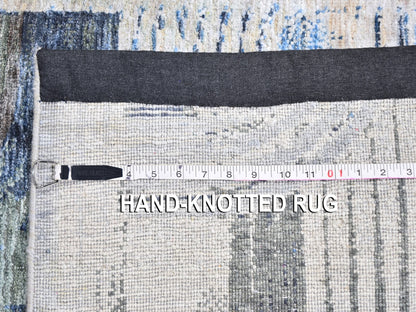 Blue 2'7" x 12'0" Modern and Contemporary Hand knotted Wool/Silk Rug - Sku: O059504