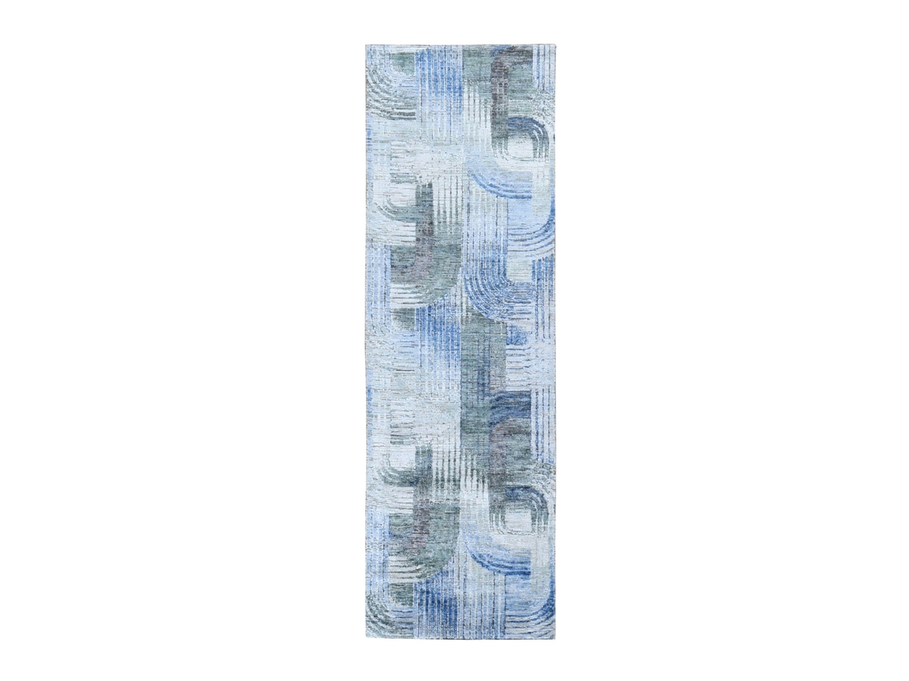 Blue 2'7" x 10'4" Modern / Contemporary Hand knotted Wool/Silk Rug - Sku: O059506