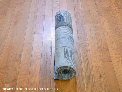 Blue 2'7" x 10'4" Modern and Contemporary Hand knotted Wool/Silk Rug - Sku: O059506