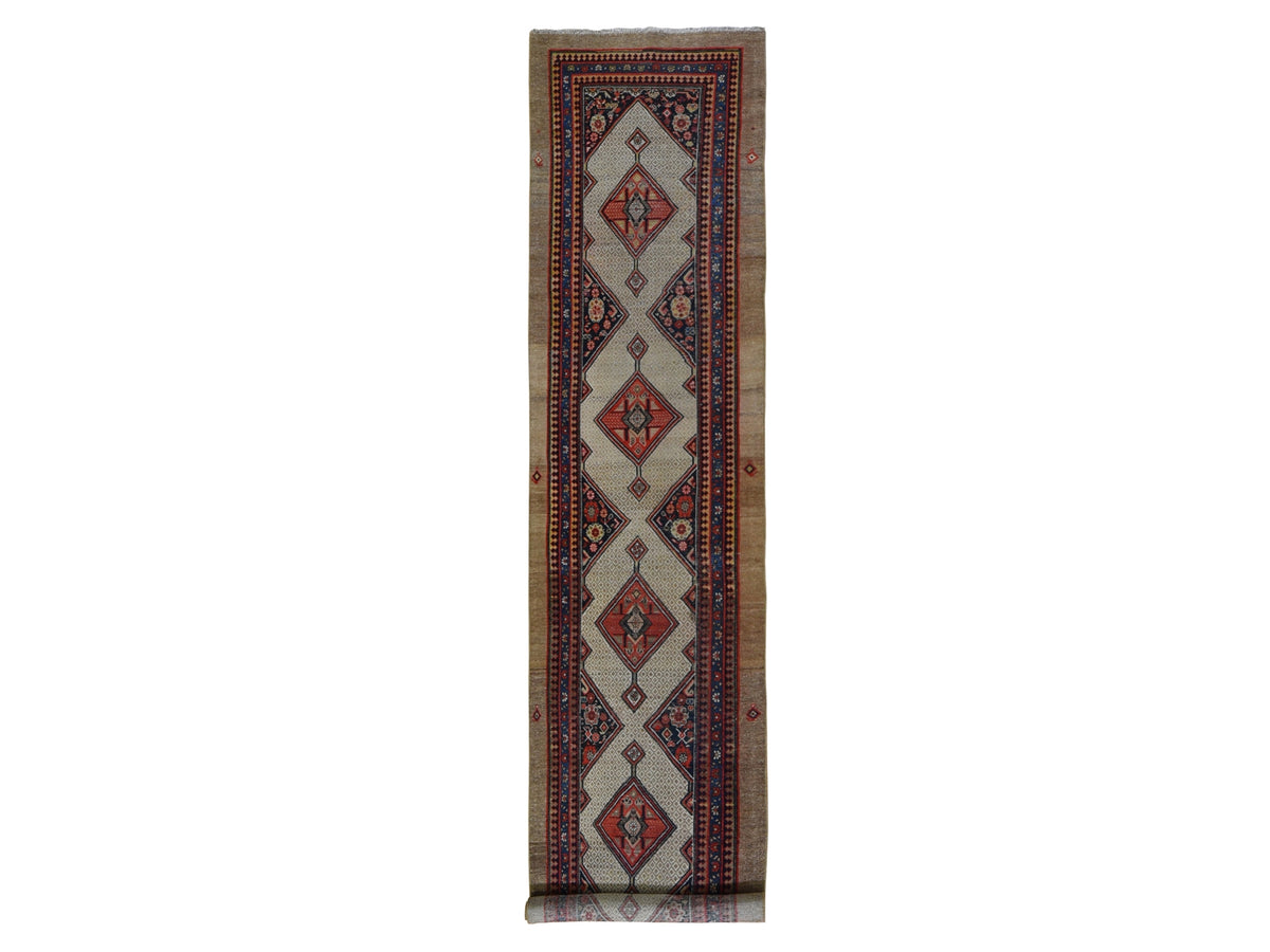 Serab Antique hand-knotted wool runner in Brown & Navy Blue, 3'2" x 15'9" — SKU O059511