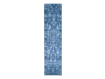 Blue 2'6" x 10'2" Modern and Contemporary Hand knotted Wool/Silk Rug - Sku: O059559