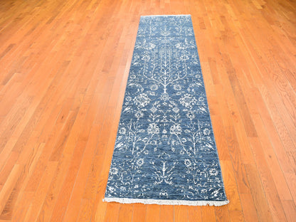 Blue 2'6" x 10'2" Modern and Contemporary Hand knotted Wool/Silk Rug - Sku: O059559