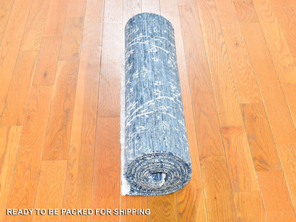 Blue 2'6" x 10'2" Modern and Contemporary Hand knotted Wool/Silk Rug - Sku: O059559