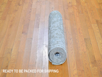 Grey 2'5" x 12'1" Modern / Contemporary Hand knotted Wool/Silk Rug - Sku: O059617