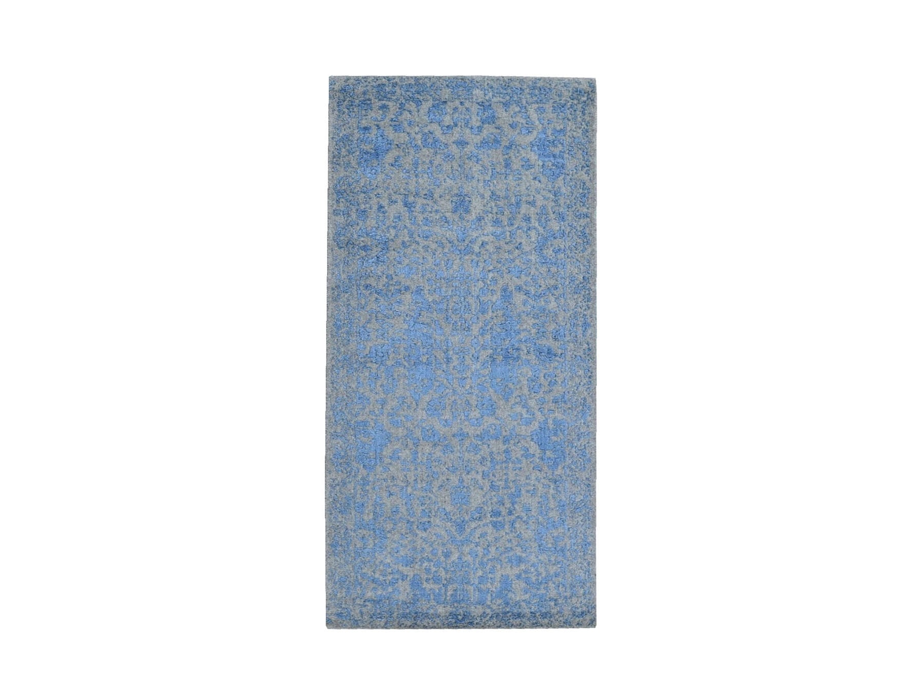 Transitional hand-knotted wool/silk runner in Blue, 2'5" x 6'1" — SKU O059618