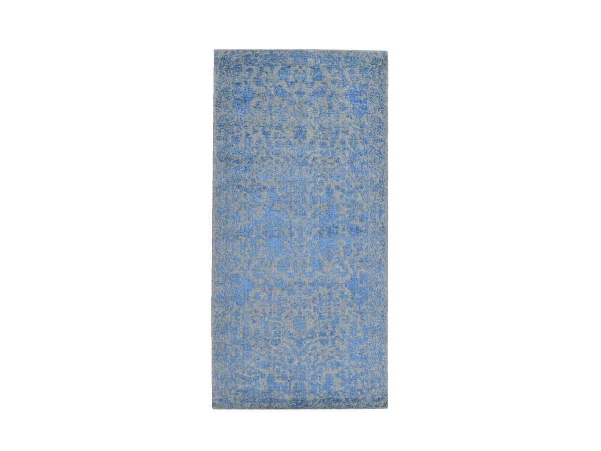 Transitional hand-knotted wool/silk runner in Blue, 2'5" x 6'1" — SKU O059618
