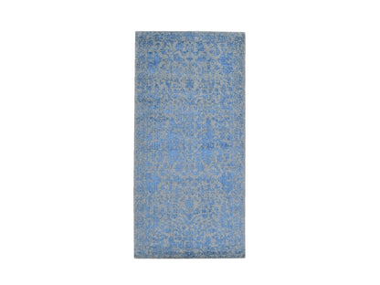 Transitional hand-knotted wool/silk runner in Blue, 2'5" x 6'1" — SKU O059618