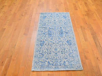 Transitional hand-knotted wool/silk runner in Blue, 2'5" x 6'1" — SKU O059618 (view 2)