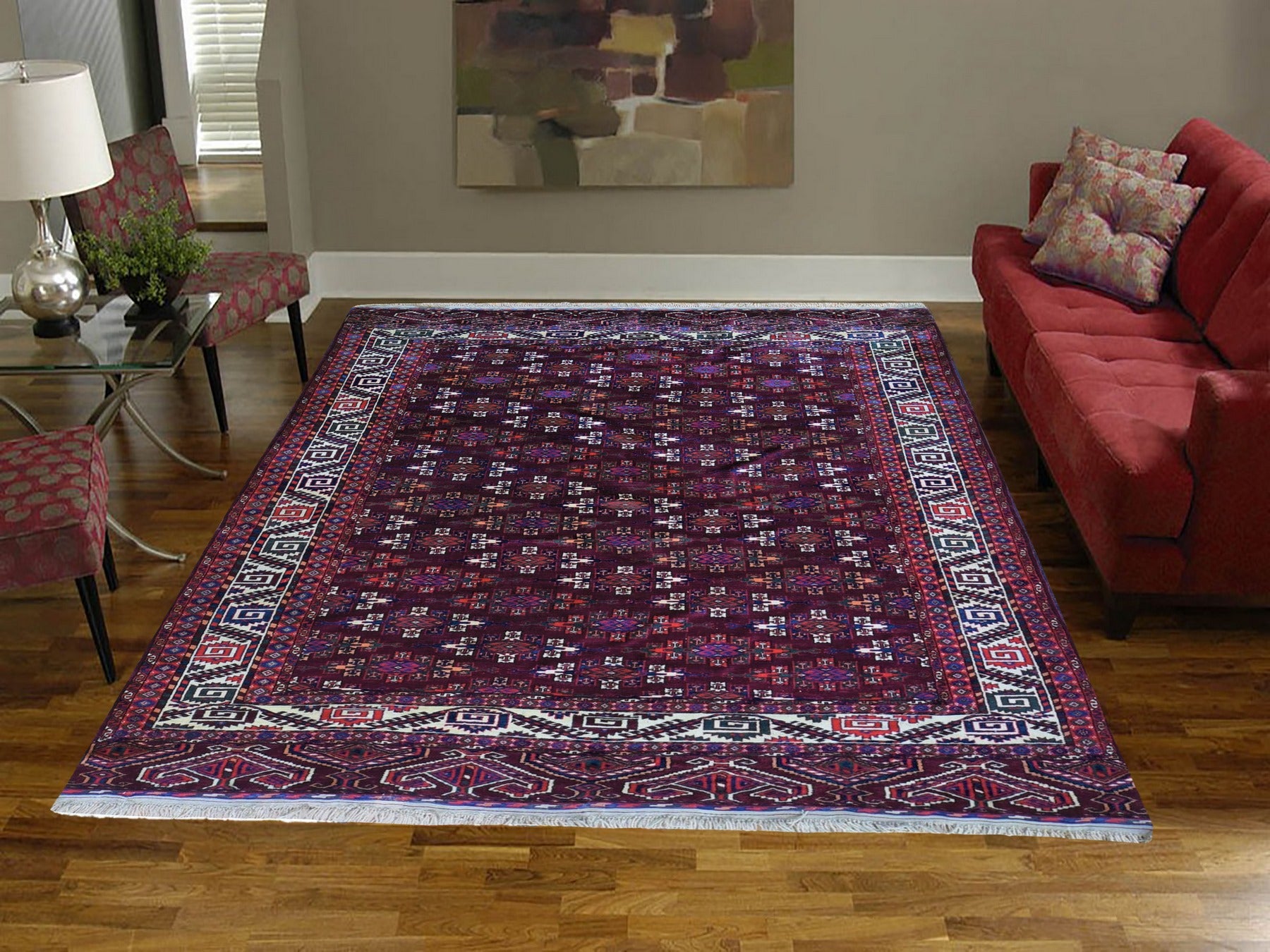 Yomut Antique hand-knotted wool rug in Red & Ivory, 6'7" x 9'6" — SKU O059624 (view 2)