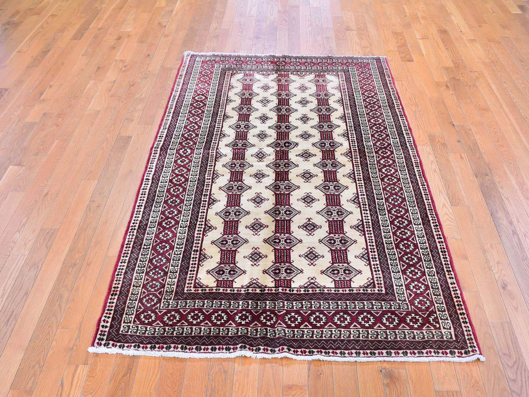 Turkoman Persian hand-knotted wool rug in Ivory & Red, 4'6" x 7' — SKU O059636 (view 2)