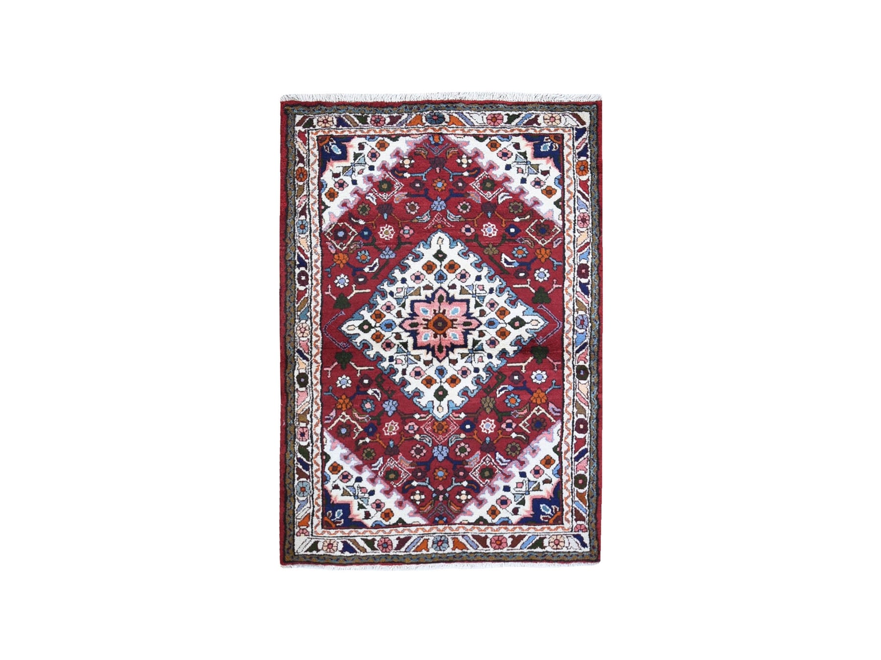 Hamadan Persian hand-knotted wool rug in Red & Ivory, 3'6" x 5'3" — SKU O059678