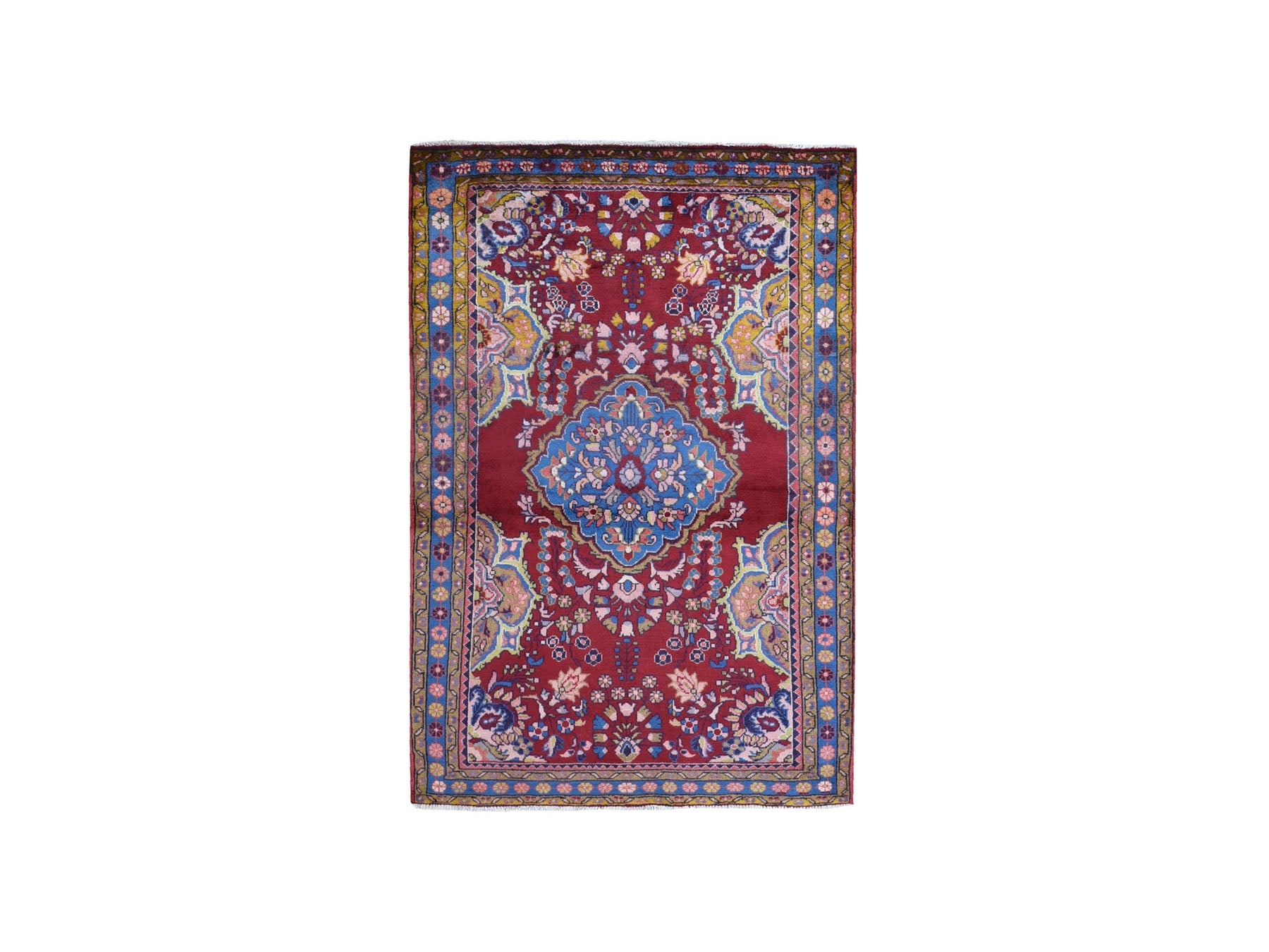 Hamadan Persian hand-knotted wool rug in Red & Denim Blue, 3'8" x 5'10" — SKU O059680