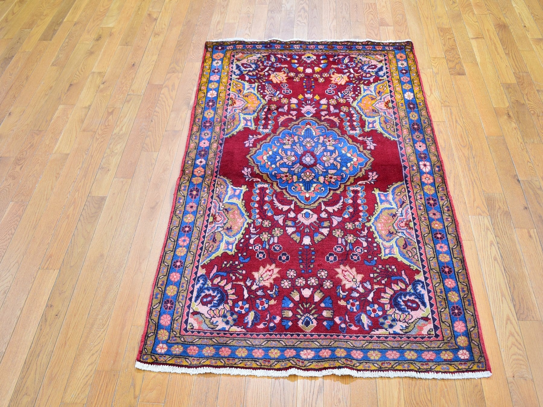 Hamadan Persian hand-knotted wool rug in Red & Denim Blue, 3'8" x 5'10" — SKU O059680 (view 2)