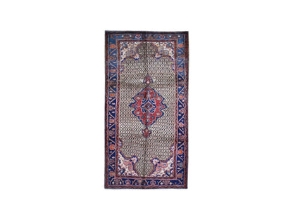 Hamadan Persian hand-knotted wool rug in Brown & Navy Blue, 5'3" x 10'6" — SKU O059683