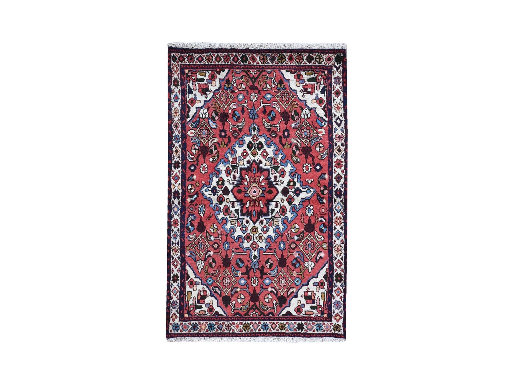 Hamadan Persian hand-knotted wool rug in Red & Ivory, 3'4" x 5'3" — SKU O059692