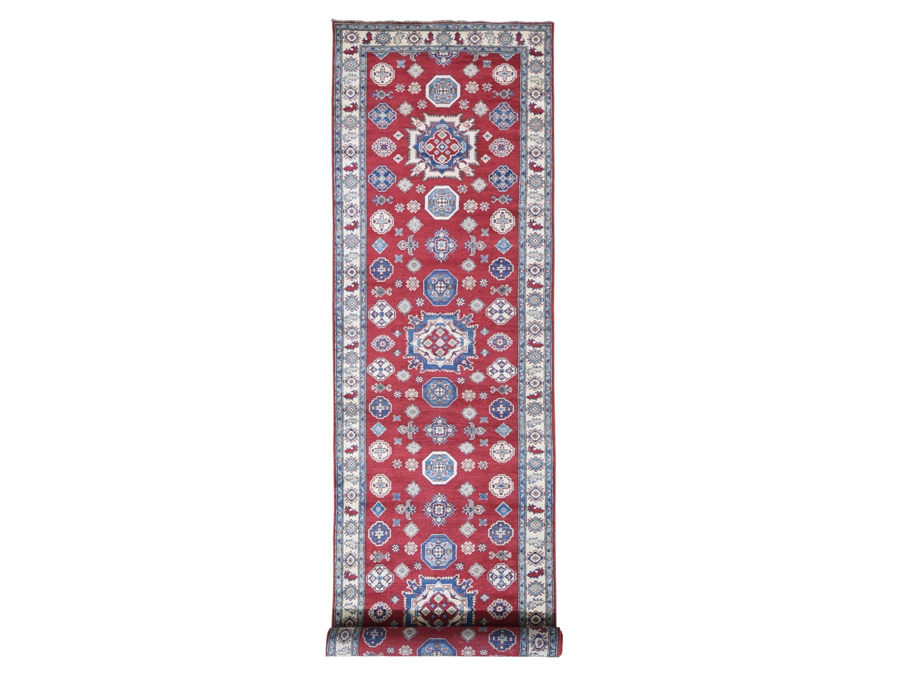 Kazak Kazak hand-knotted wool runner in Red & Ivory, 3'10" x 17'3" — SKU O059699
