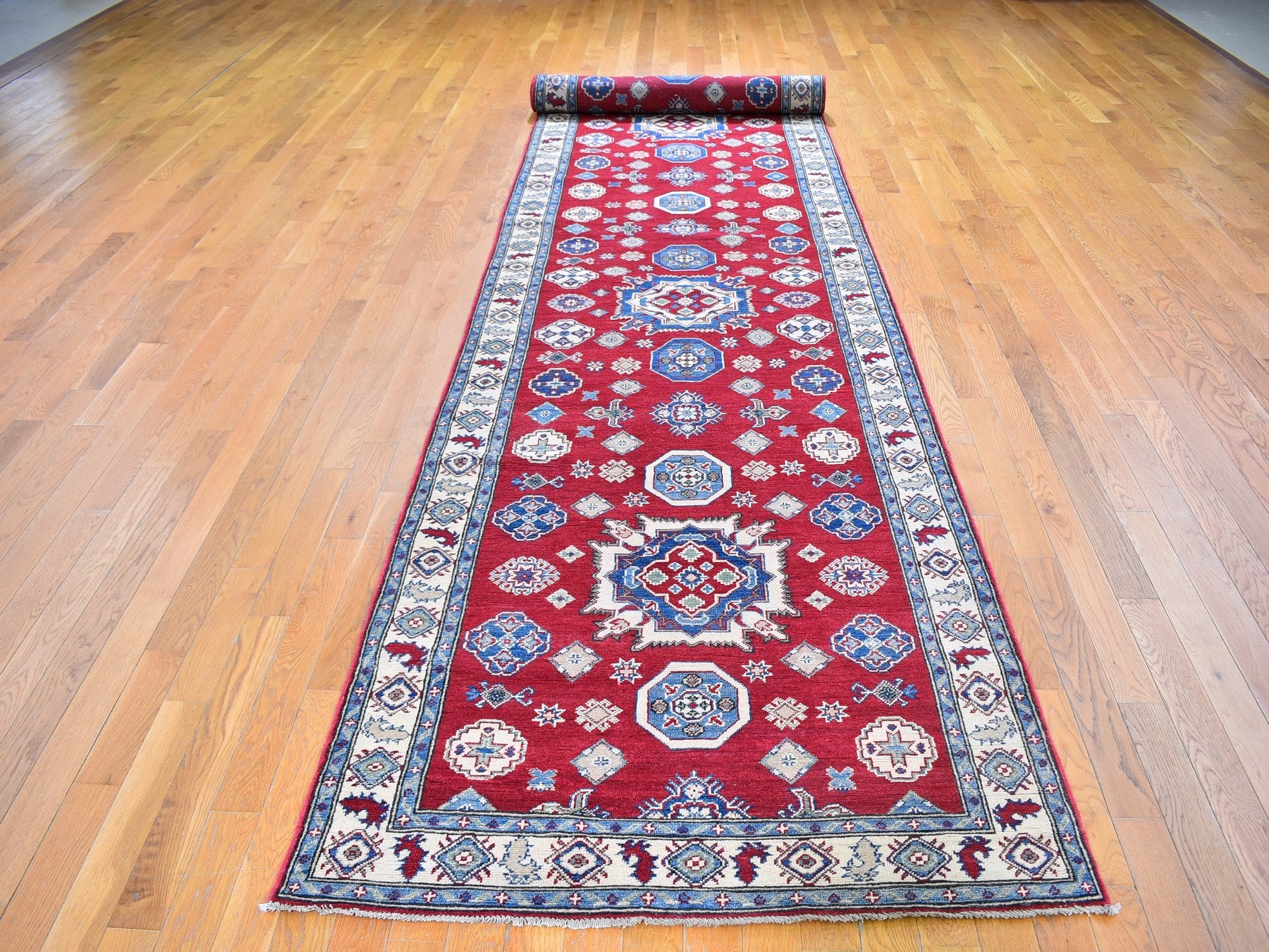 Kazak Kazak hand-knotted wool runner in Red & Ivory, 3'10" x 17'3" — SKU O059699 (view 2)