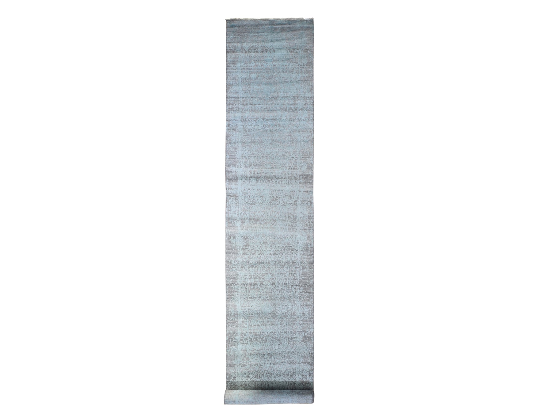 Transitional hand-knotted wool/silk runner in Green, 2'7" x 14' — SKU O059705