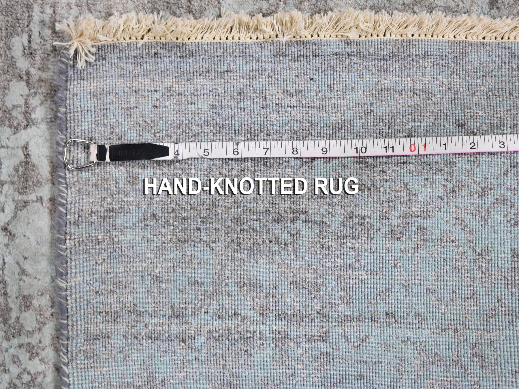 Transitional hand-knotted wool/silk runner in Green, 2'7" x 14' — SKU O059705 (view 7)