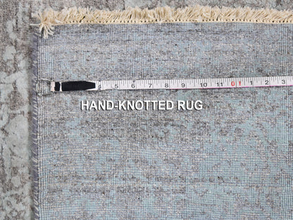 Transitional hand-knotted wool/silk runner in Green, 2'7" x 14' — SKU O059705 (view 7)