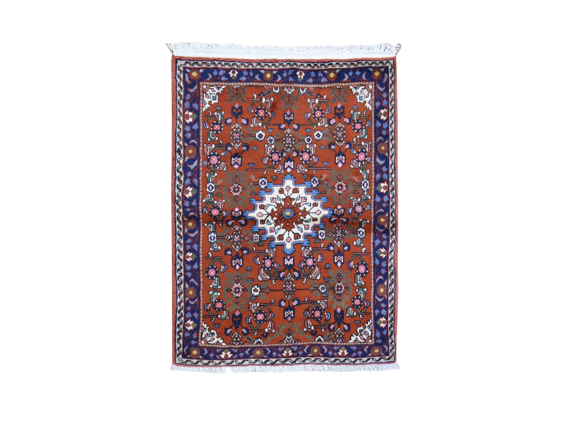 Hamadan Persian hand-knotted wool rug in Orange & Navy Blue, 3'3" x 4'5" — SKU O059709
