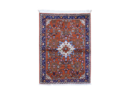 Hamadan Persian hand-knotted wool rug in Orange & Navy Blue, 3'3" x 4'5" — SKU O059709