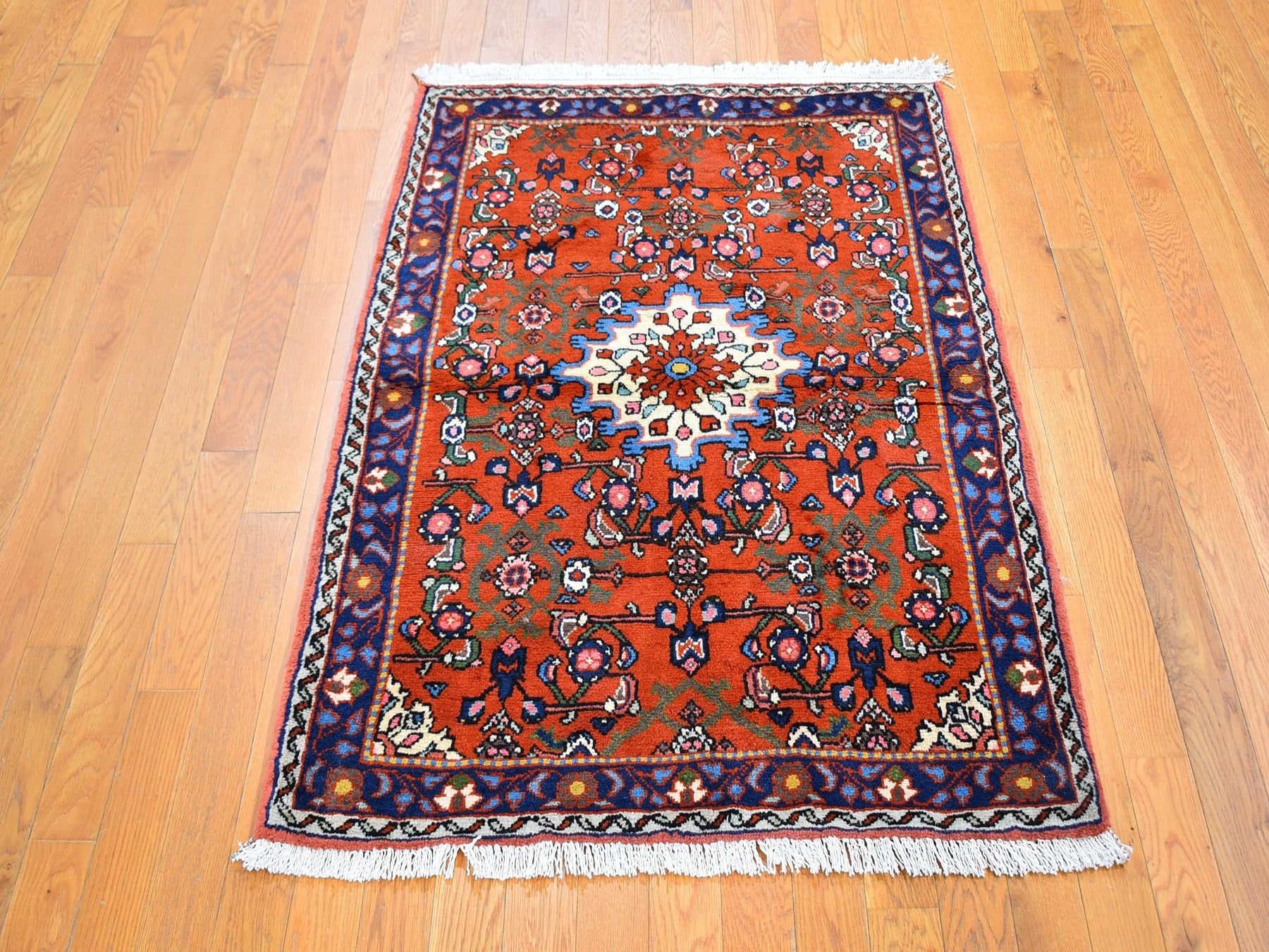 Hamadan Persian hand-knotted wool rug in Orange & Navy Blue, 3'3" x 4'5" — SKU O059709 (view 2)