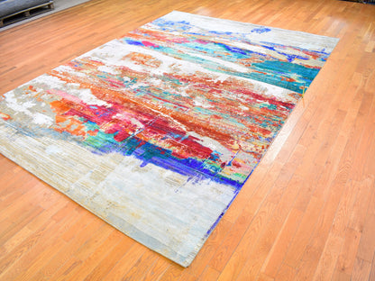 Orange 9'0" x 12'3" Modern / Contemporary Hand knotted Silk Rug - Sku: O059725