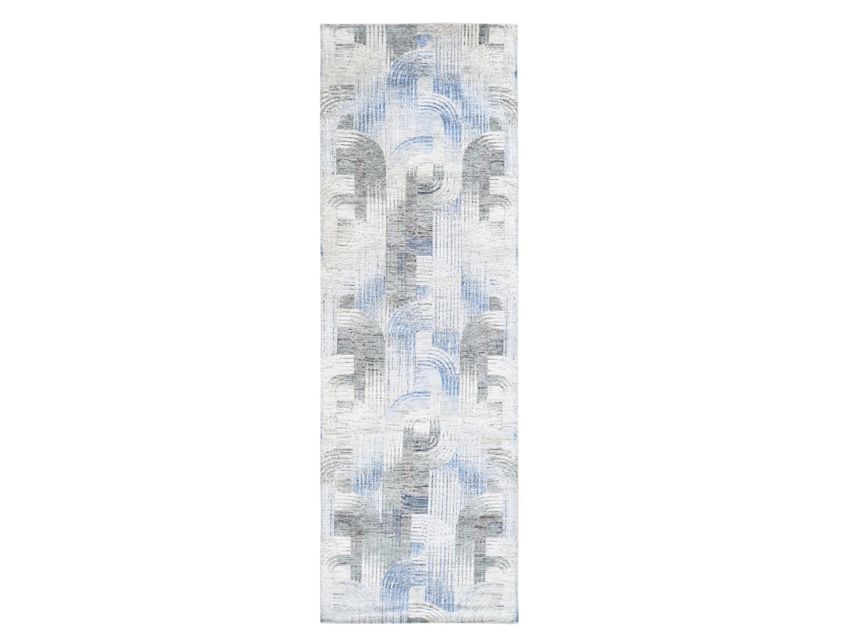 Modern / Contemporary hand-knotted wool/silk runner in Blue, 4' x 12'5" — SKU O059732