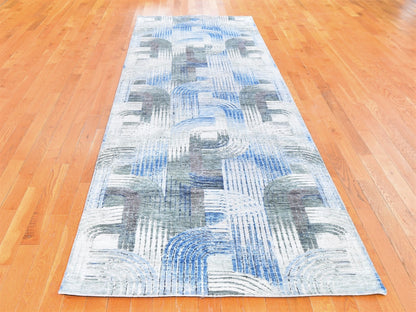 Modern / Contemporary hand-knotted wool/silk runner in Blue, 4' x 12'5" — SKU O059732 (view 2)