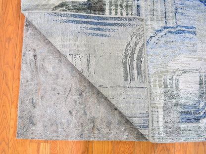 Modern / Contemporary hand-knotted wool/silk runner in Blue, 4' x 12'5" — SKU O059732 (view 4)