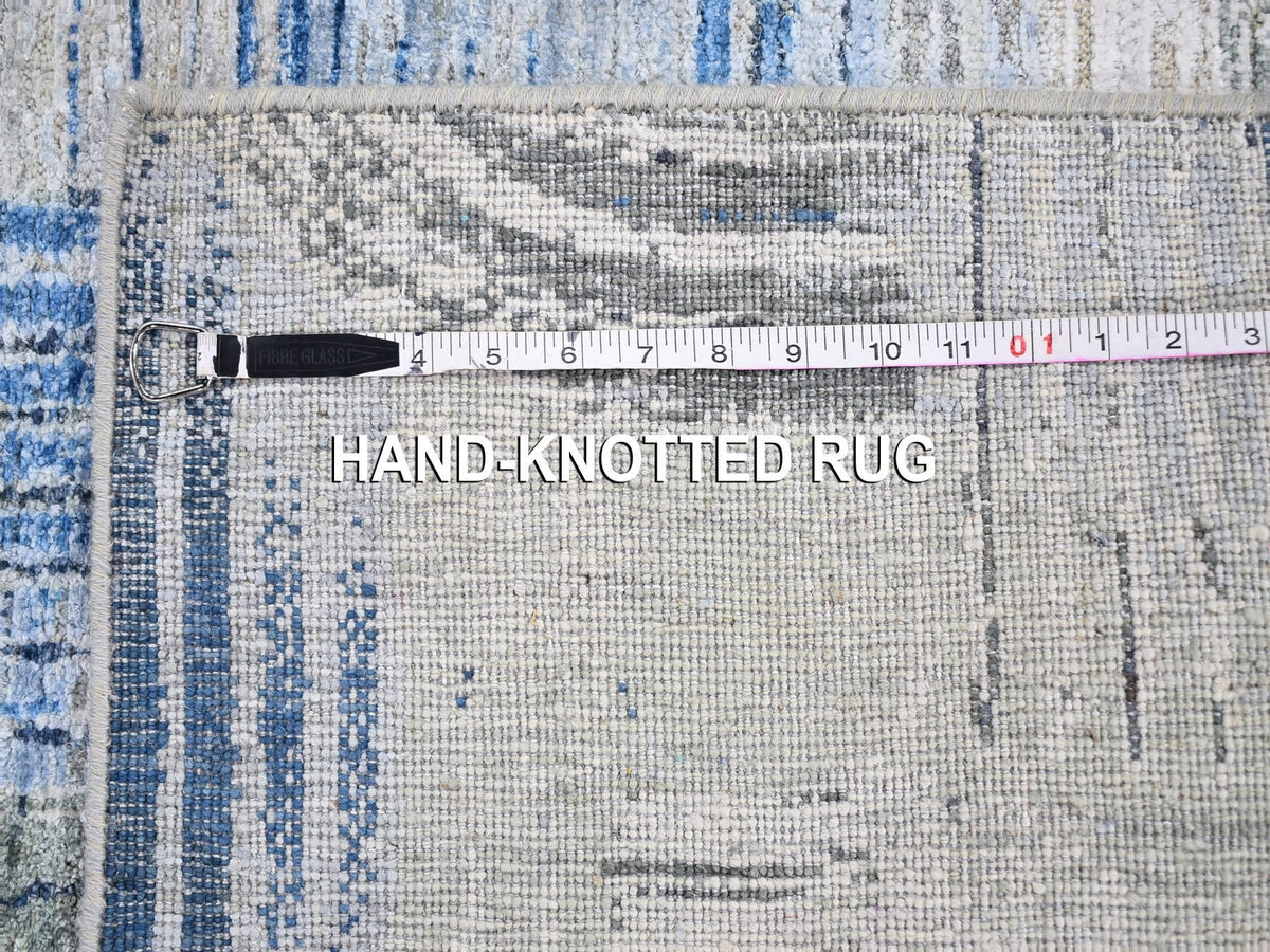 Modern / Contemporary hand-knotted wool/silk runner in Blue, 4' x 12'5" — SKU O059732 (view 7)