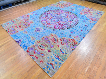 Blue 9'9" x 13'8" Transitional Hand knotted Wool/Silk Rug - Sku: O059736