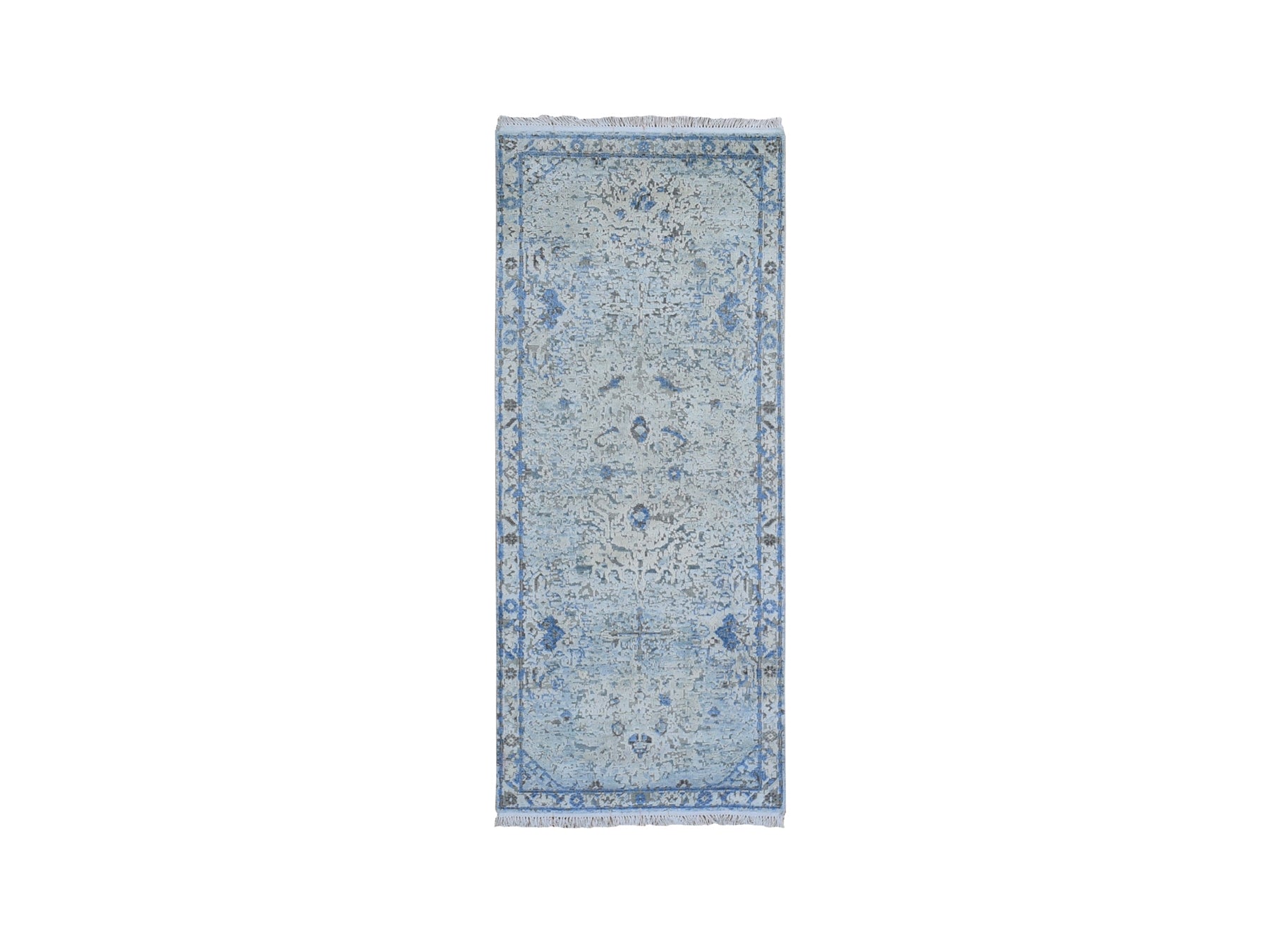 Oushak Transitional hand-knotted wool/silk runner in Blue & Ivory, 2'6" x 6' — SKU O059743