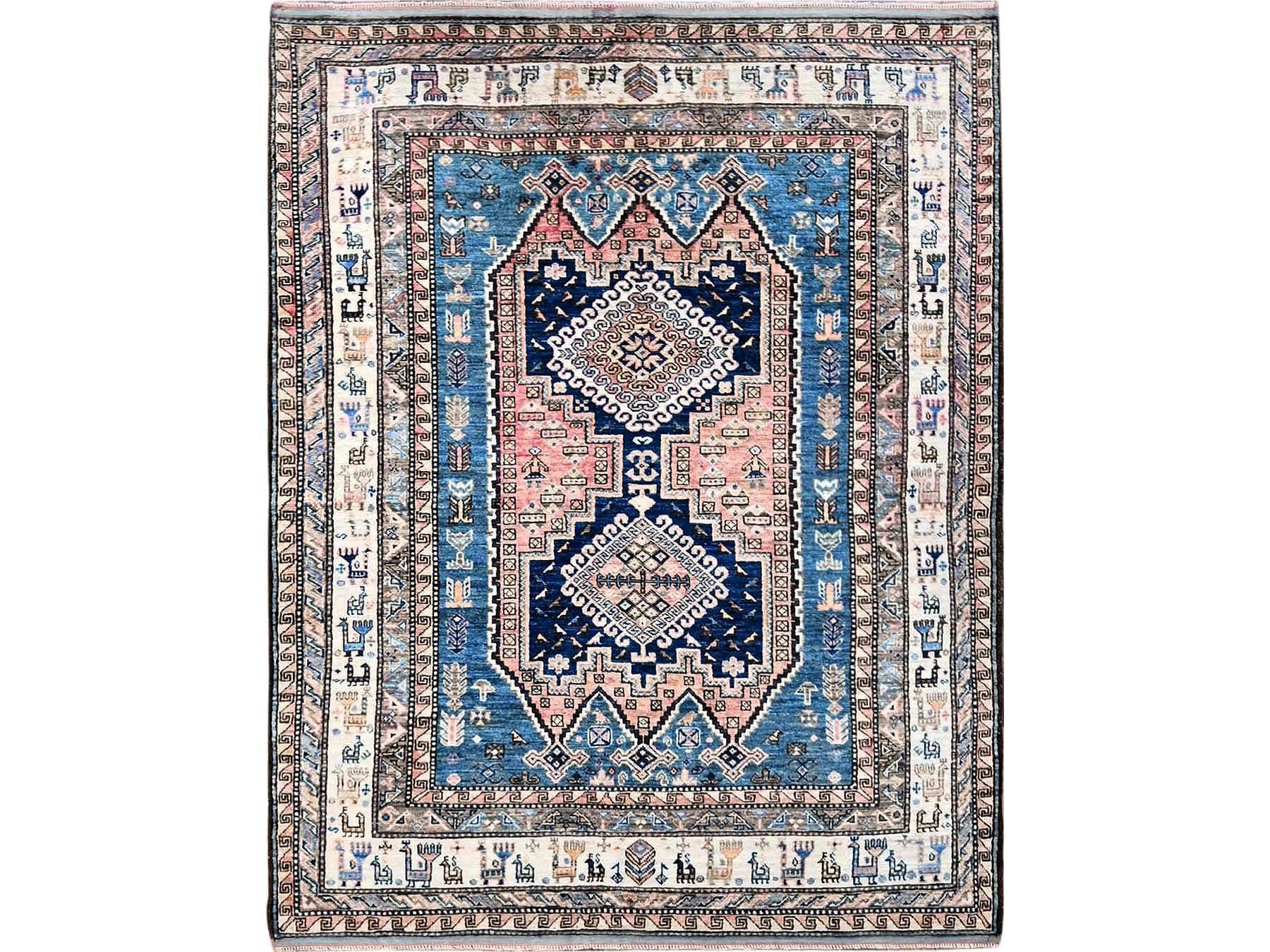 Ersari Kazak hand-knotted wool rug in Pink & Ivory, 5' x 6'3" — SKU O0597
