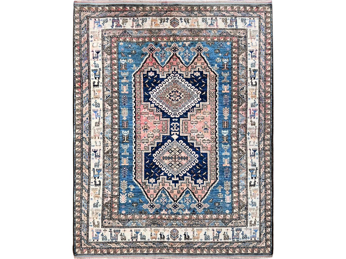 Ersari Kazak hand-knotted wool rug in Pink & Ivory, 5' x 6'3" — SKU O0597