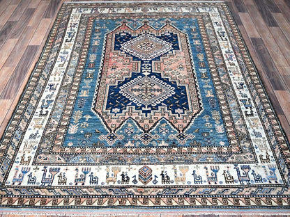 Ersari Kazak hand-knotted wool rug in Pink & Ivory, 5' x 6'3" — SKU O0597 (view 2)