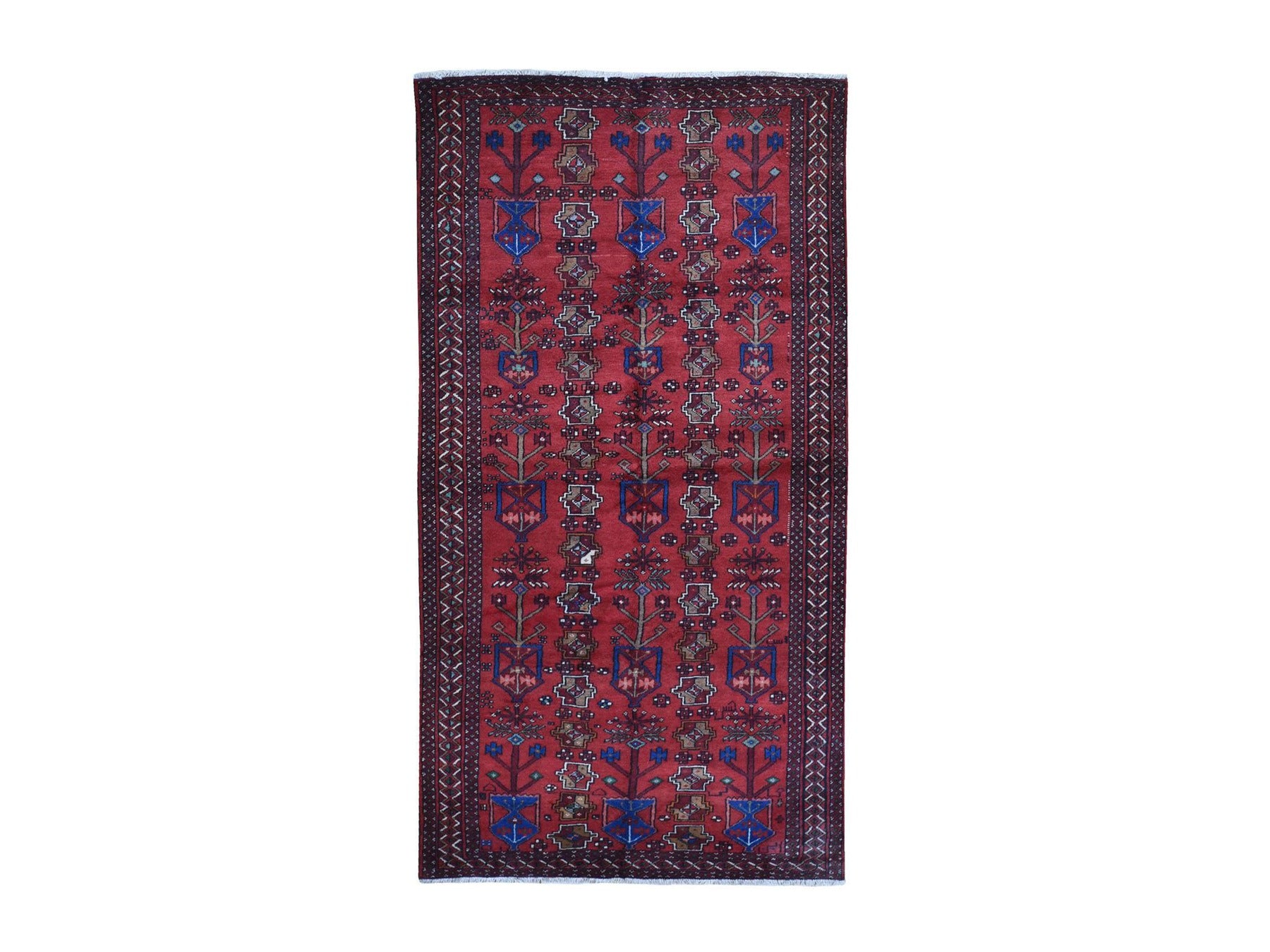 Baluch Persian hand-knotted wool rug in Red & Salsa Red, 4'1" x 8'6" — SKU O059837