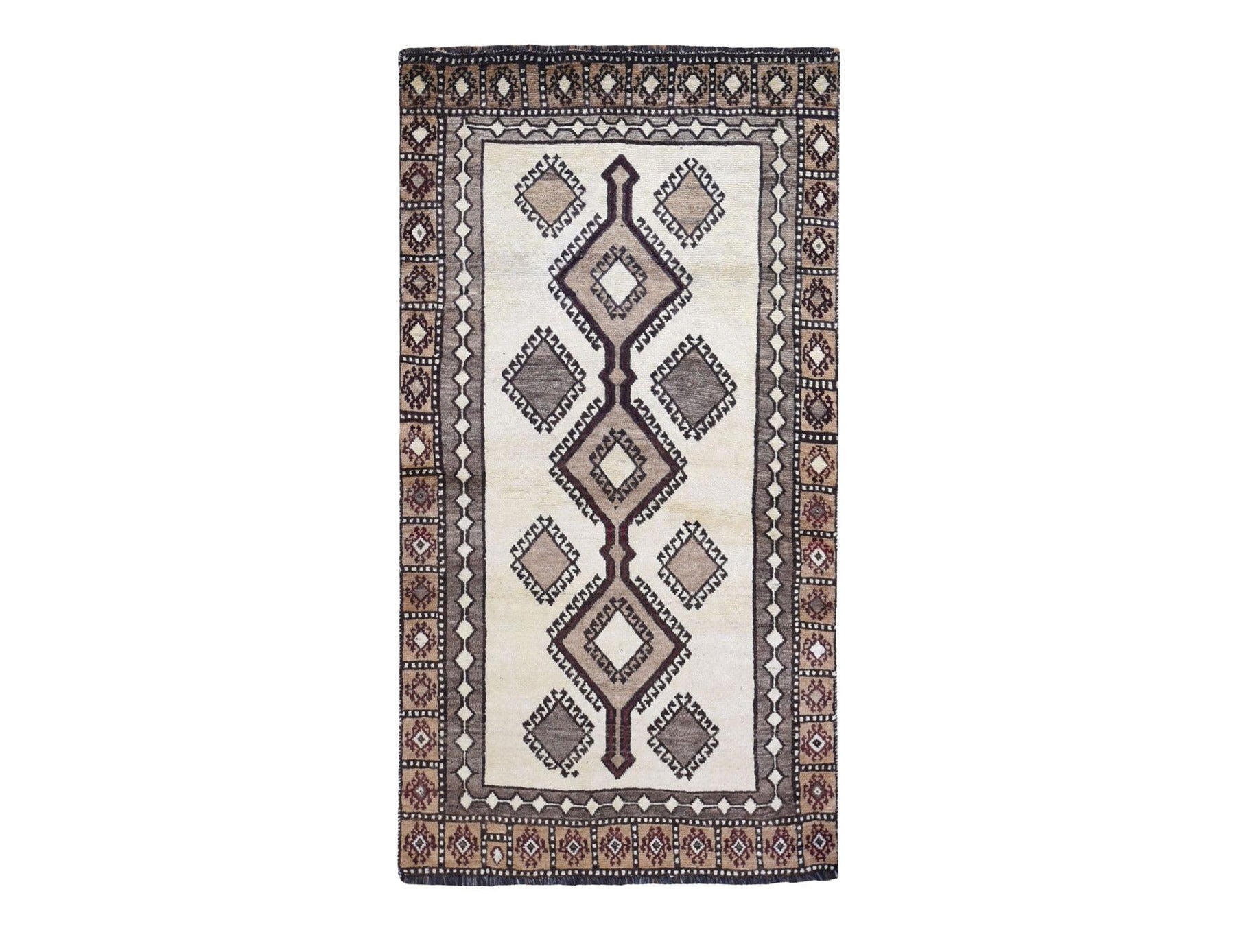 Gabbeh Persian hand-knotted wool rug in Ivory & Light Brown, 3'6" x 6'10" — SKU O059845