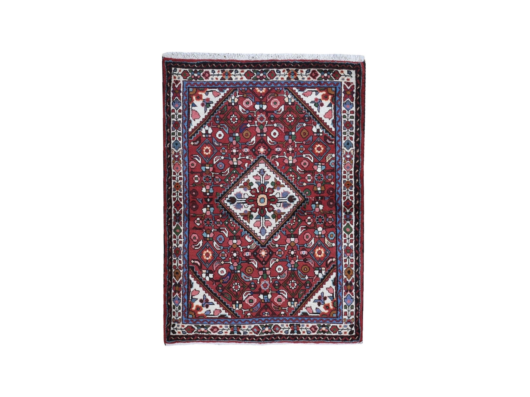Hamadan Persian hand-knotted wool rug in Red & Ivory, 3'7" x 5'1" — SKU O059880
