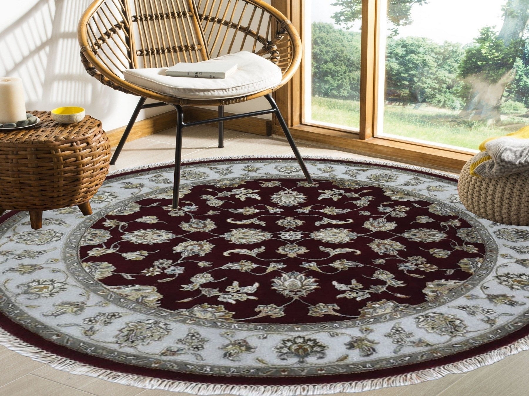 Rajasthan Rajasthan hand-knotted wool/silk rug in Red & Ivory, 5' x 5' — SKU O059951 (view 2)