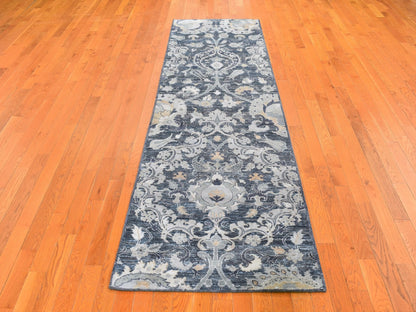 Grey 3'0" x 10'2" Wool and Silk Hand knotted Wool/Silk Rug - Sku: O059952